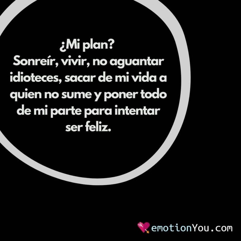 Mi plan Sonreír, vivir, no aguantar idioteces, sacar de mi vida a quien no  sume y poner todo de mi parte para intentar ser feliz. - EmotionYou - Frases  de Amor, Piropos,